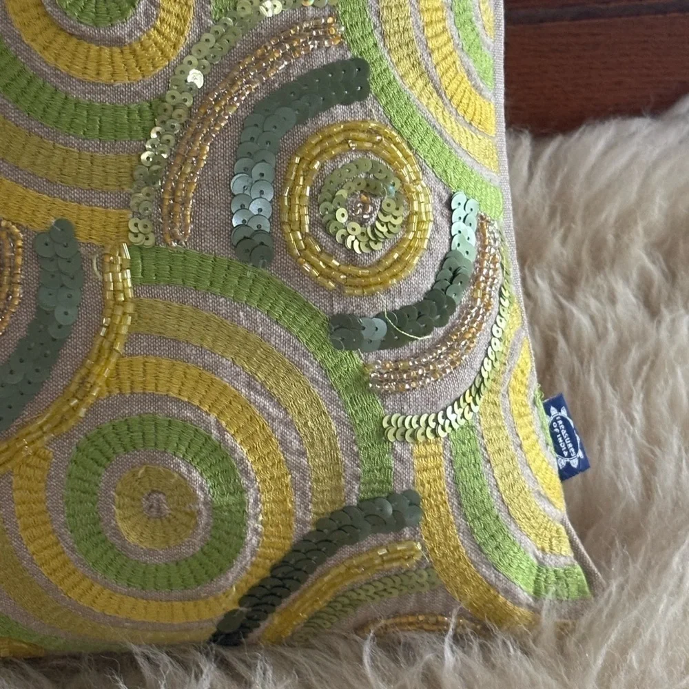 Indian Ethnic Sequined and Embroidered Green and Yellow Linen Accent Pillow